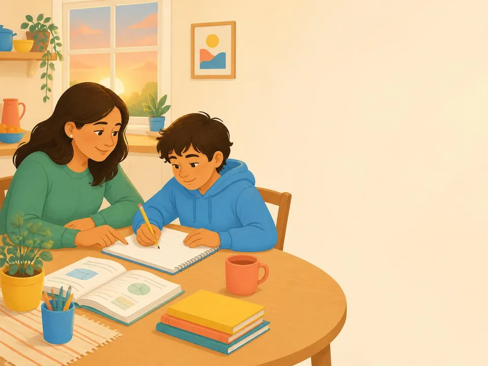 A parent and child working through math homework together at the kitchen table.